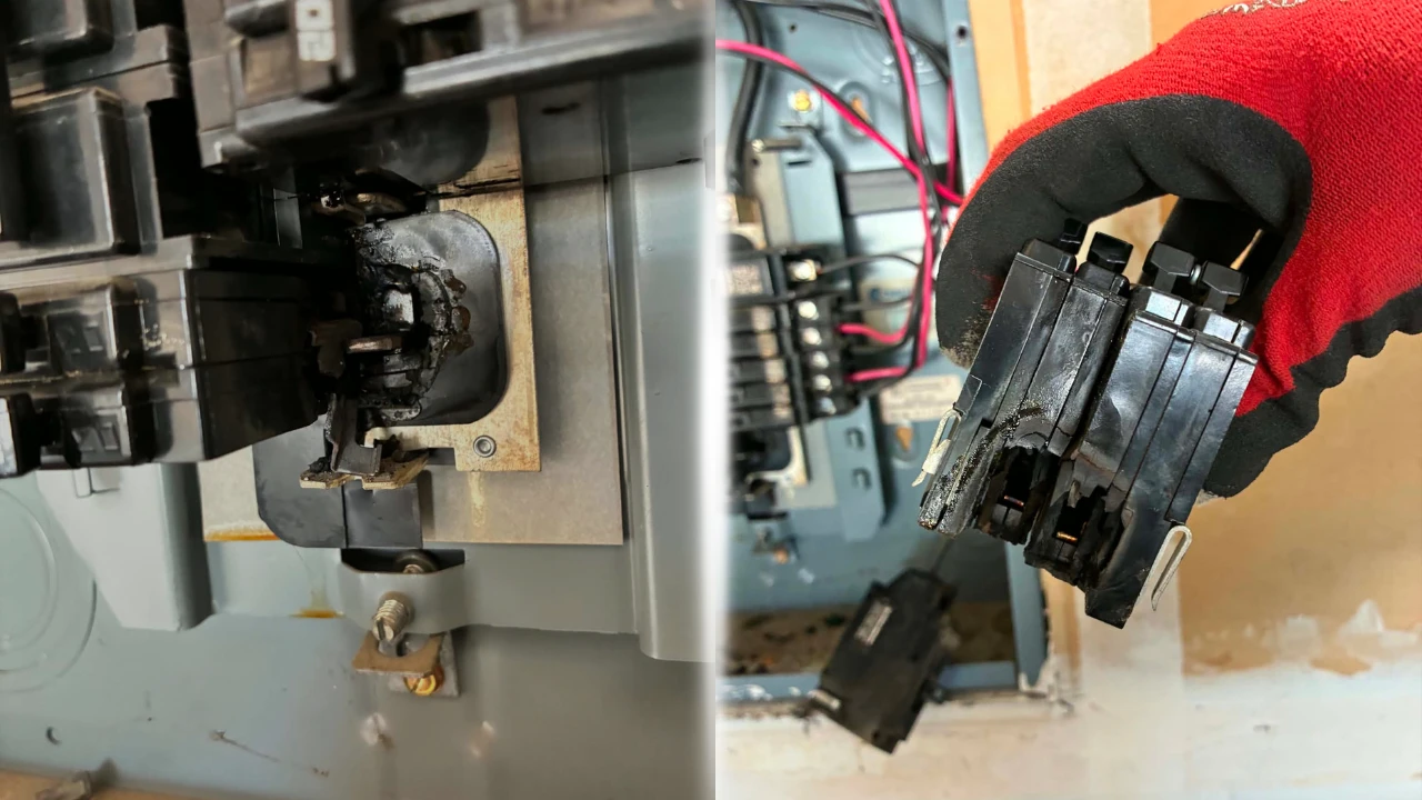 Burnt electrical panel with heat damage and a fishy smell being evaluated during residential electrical troubleshooting in Fairfield, California